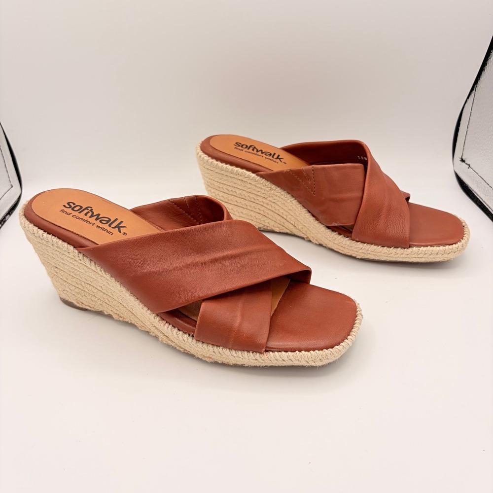 SoftWalk Espadrille Wedge Sandals 7.5 Wide Boho Brown Leather Slide S2324-206